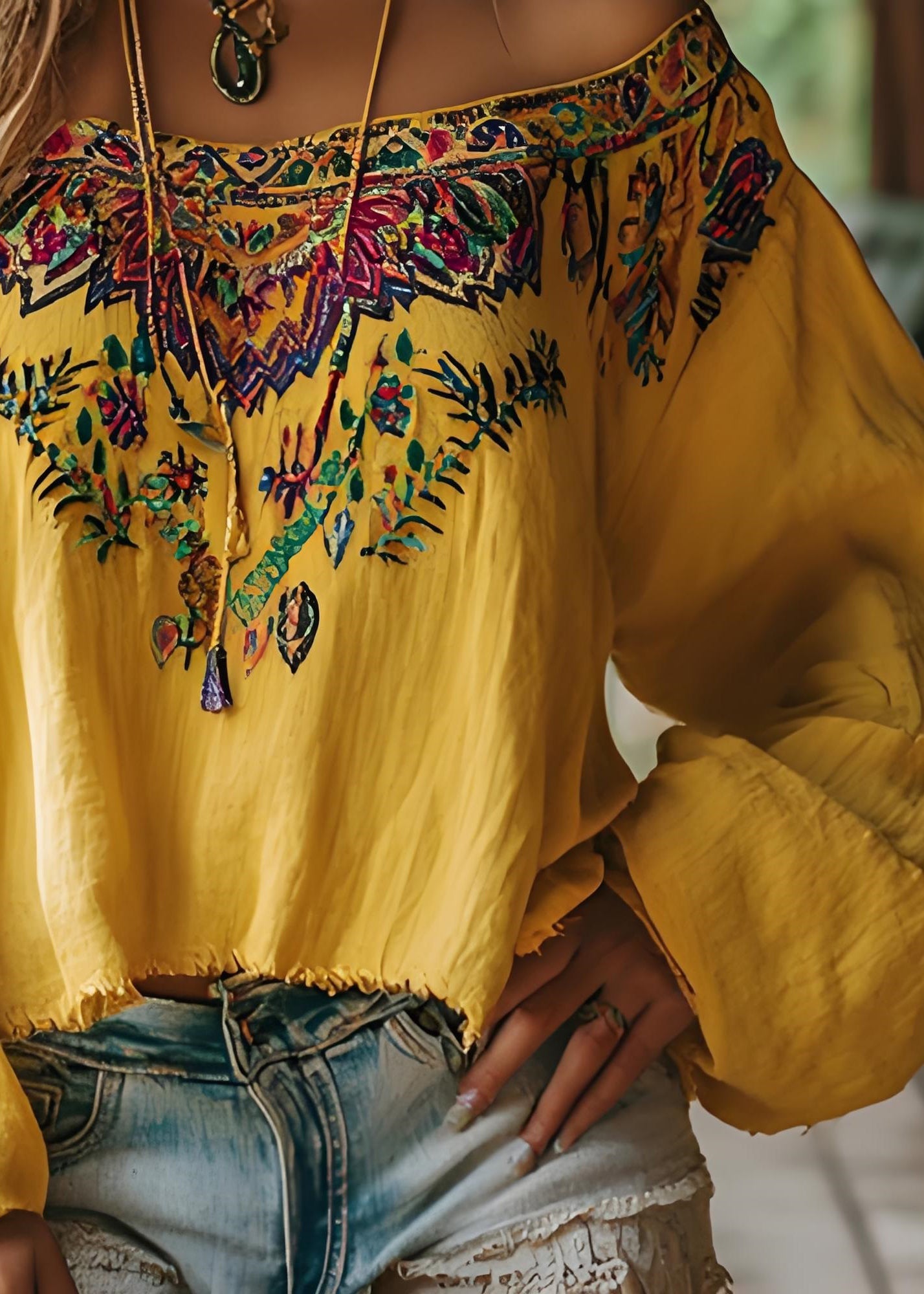 Yellow Slash Neck Print Cotton T Shirts Spring