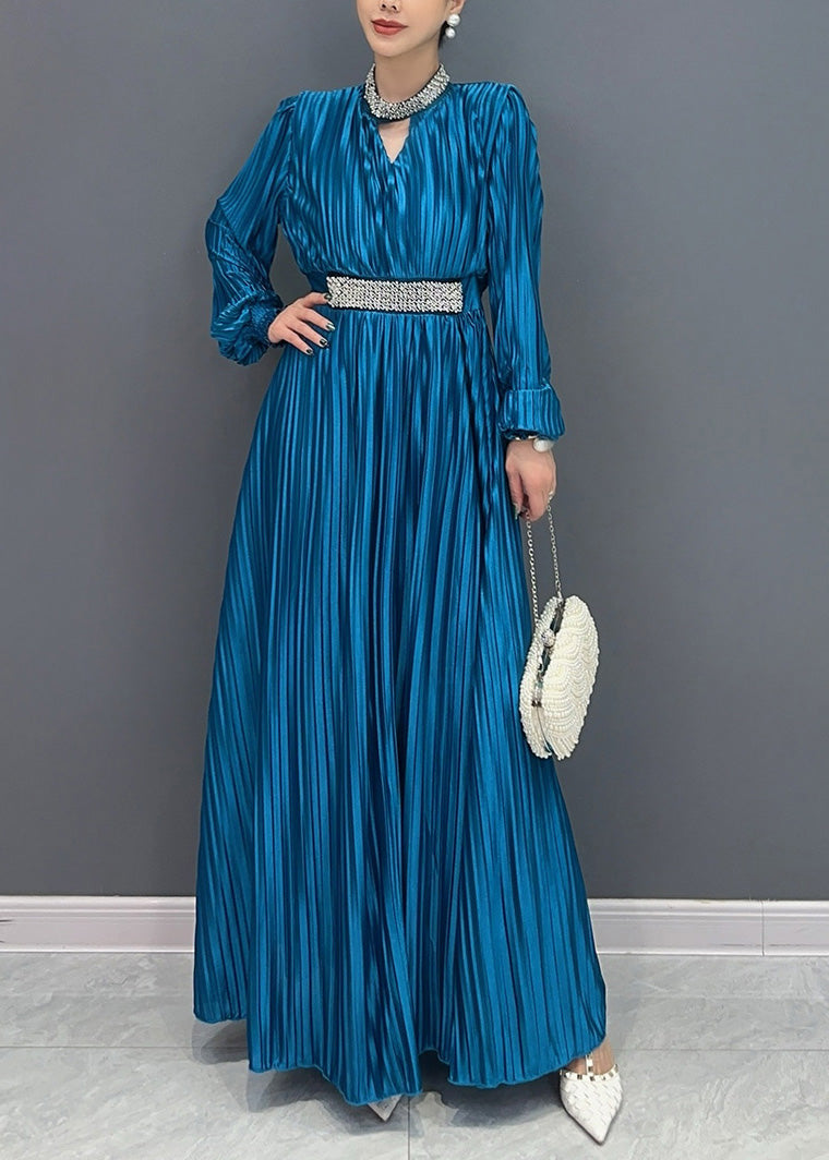 Blue V Neck Wrinkled Maxi Dress Long Sleeve