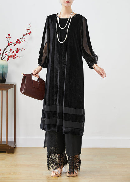 Black Hollow Out Patchwork Silk Velour Maxi Dresses Bracelet Sleeve Spring