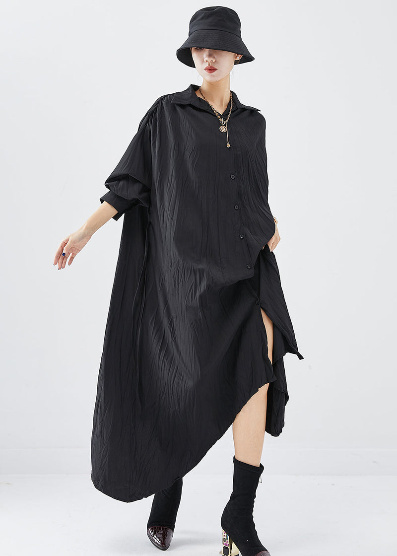 Black Oversized Asymmetrical Design Cotton Shirt Dress Fall