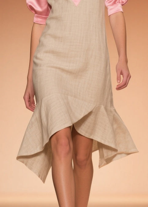 Beige Ruffled Patchwork Linen Silk Fake Two Piece Dress Summer