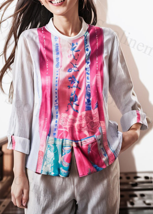 French White Print Patchwork Cotton Shirts Long Sleeve