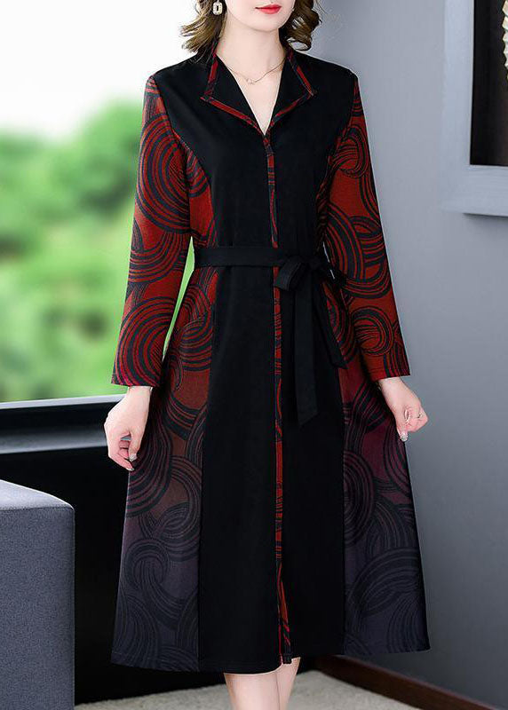 Red V Neck Patchwork Print Silk Cinch Dress Fall