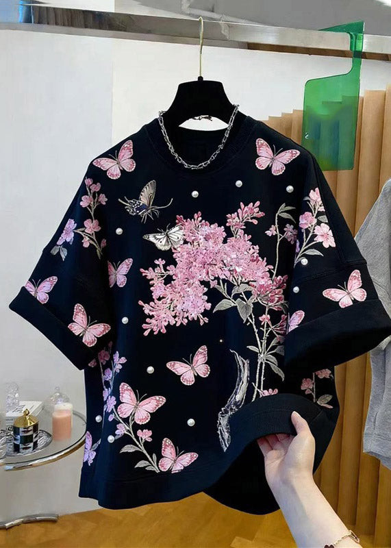 Handmade Black O-neck Print Tops Short Sleeve Summer