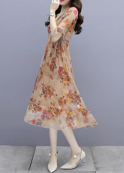 V Neck Print Patchwork Rivet Chiffon Long Dresses Half Sleeve
