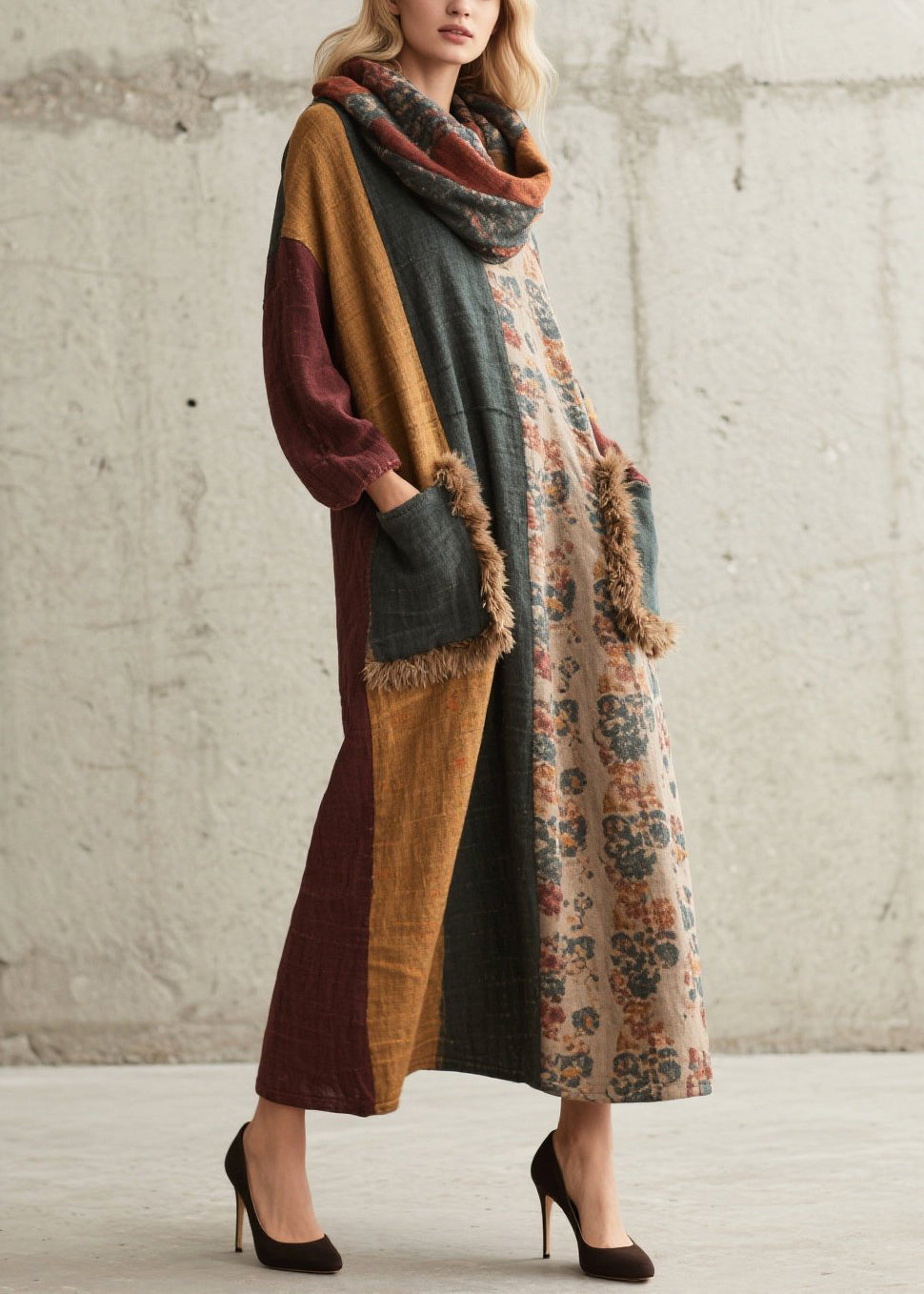 Art Colorblock Oversized Patchwork Faux Fur With Pockets Vacation Dress Fall