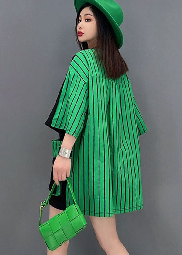 French Black O-neck Character Print Patchwork Striped Oversized Pockets Cotton Tanks Tops Short Sleeve