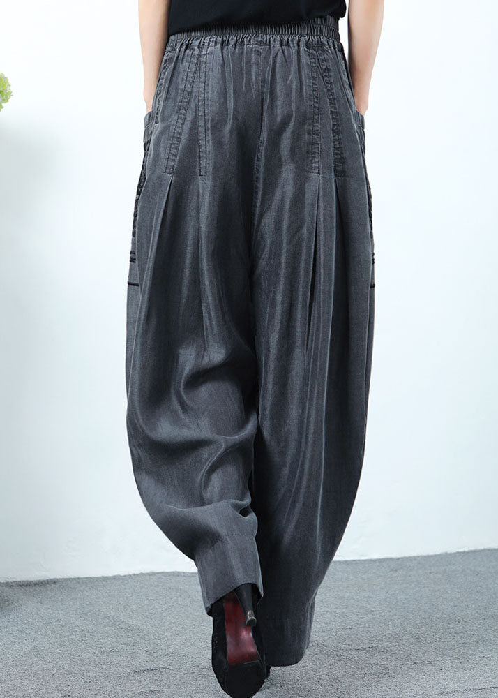 Classy Black Grey Pockets Wrinkled Denim Pants Spring