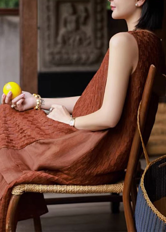 Red O Neck Patchwork Cotton Long Dresses Sleeveless