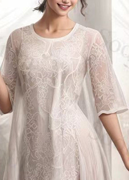 Brief Beige Lace Patchwork Fake Two Piece Silk Maxi Dress Short Sleeve