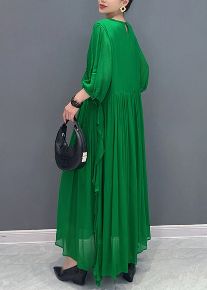 Handmade Green O-neck Ruffled Wrinkled Vacation Chiffon Maxi Dresses Lantern Sleeve