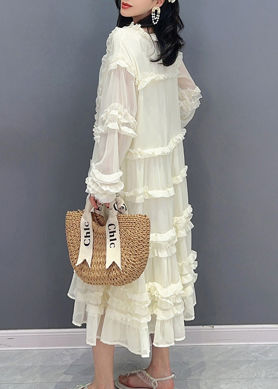 Brief White V Neck Ruffled Chiffon Long Dress Spring