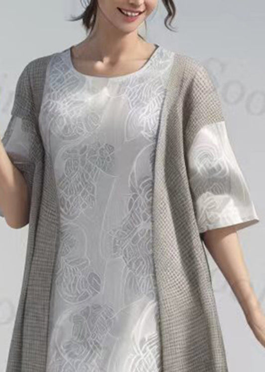 O-neck Patchwork Fake Two Pieces Silk Long Dress Summer