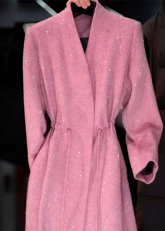 Pink V Neck Sequins Drawstring Coat Fall