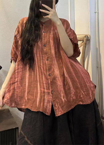 Handmade Orange O-neck Striped Linen Shirts Half Sleeve