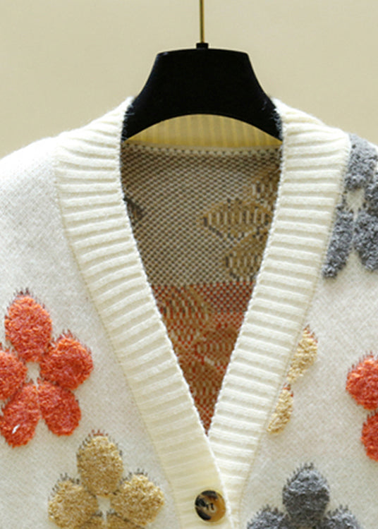 Italian Beige V Neck Embroideried Cozy Knit Cardigans Fall
