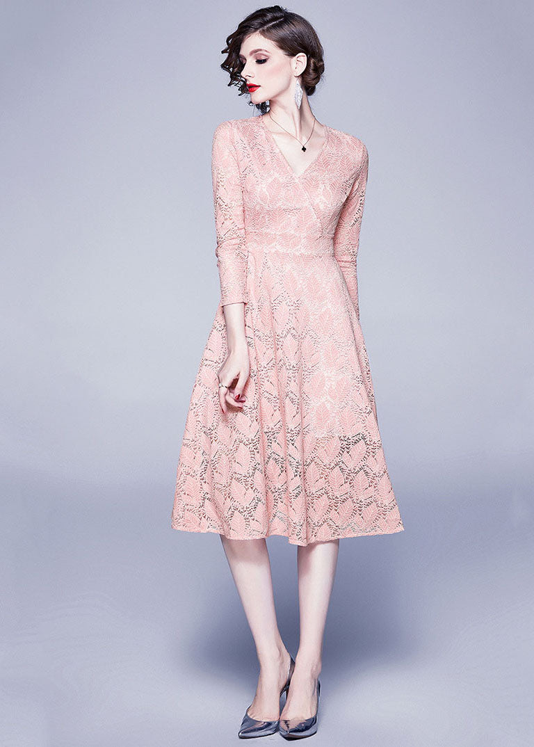 Pink V Neck Exra Large Hem Lace Dresses Bracelet Sleeve