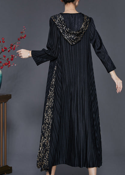 Black Hooded Patchwork Wrinkled Maxi Dresses Spring