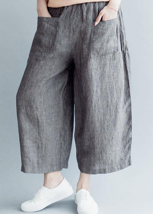 Grey Striped Pockets Wide Leg Fall Pants