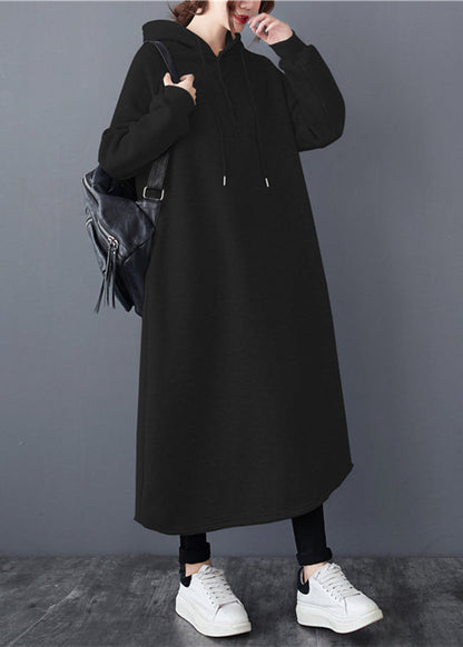Black Hooded Patchwork Warm Fleece Long Dresses Winter