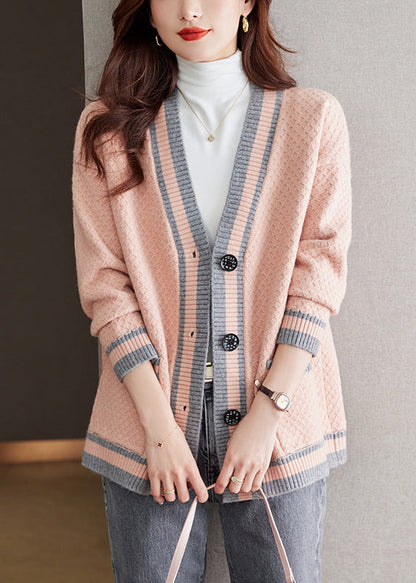 Pink V Neck Button Patchwork Knit Cardigan Fall