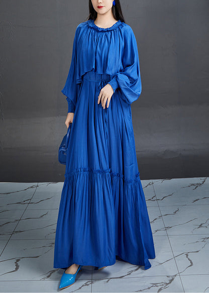 Blue Ruffled Tie Waist Cotton Maxi Dress Fall