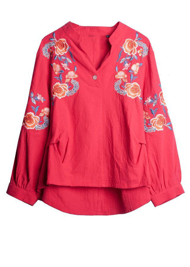 Red V Neck Embroideried Cotton Shirt Tops Half Sleeve