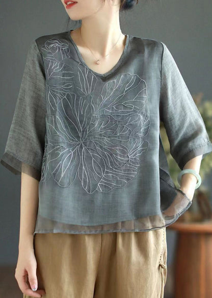 Orange V Neck Embroidered Organza Patchwork Linen Tops Summer