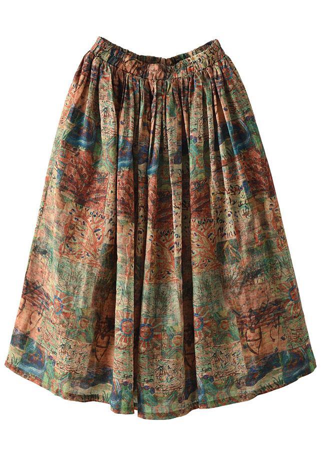 Green Print Ramie Elastic Waist Skirt