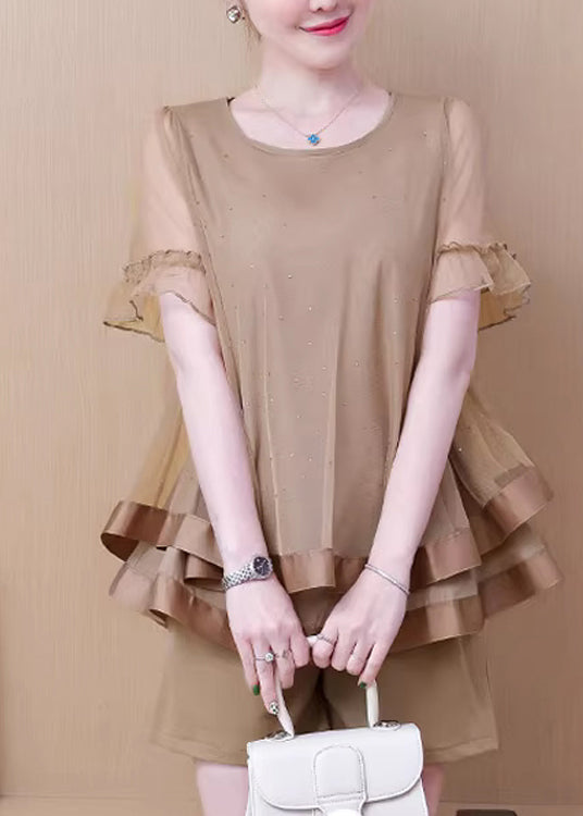 Khaki O Neck Ruffled Patchwork Tulle Two Pieces Set Summer