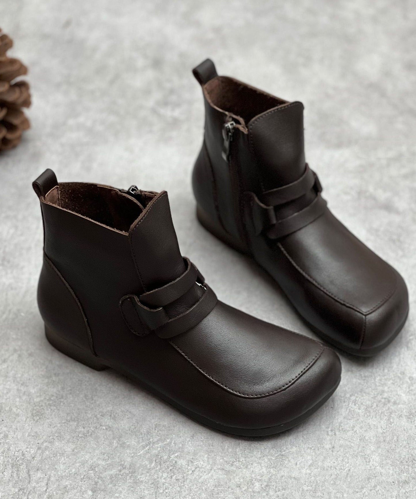 Handmade Cowhide Leather Boots Black Zippered Boots