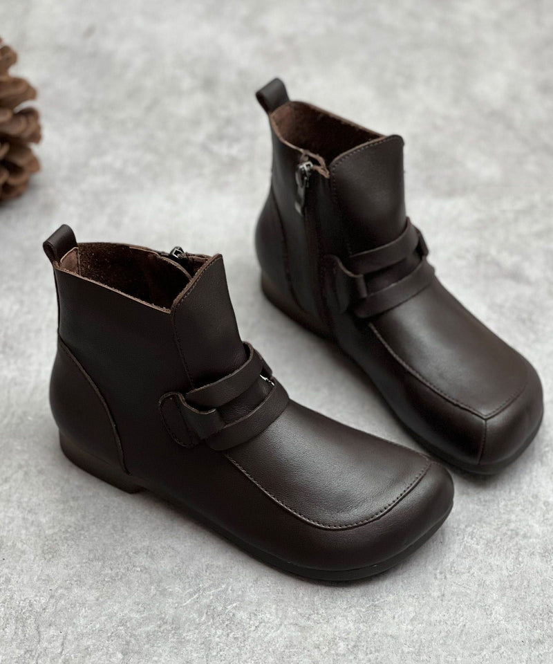 Handmade Cowhide Leather Boots Black Zippered Boots