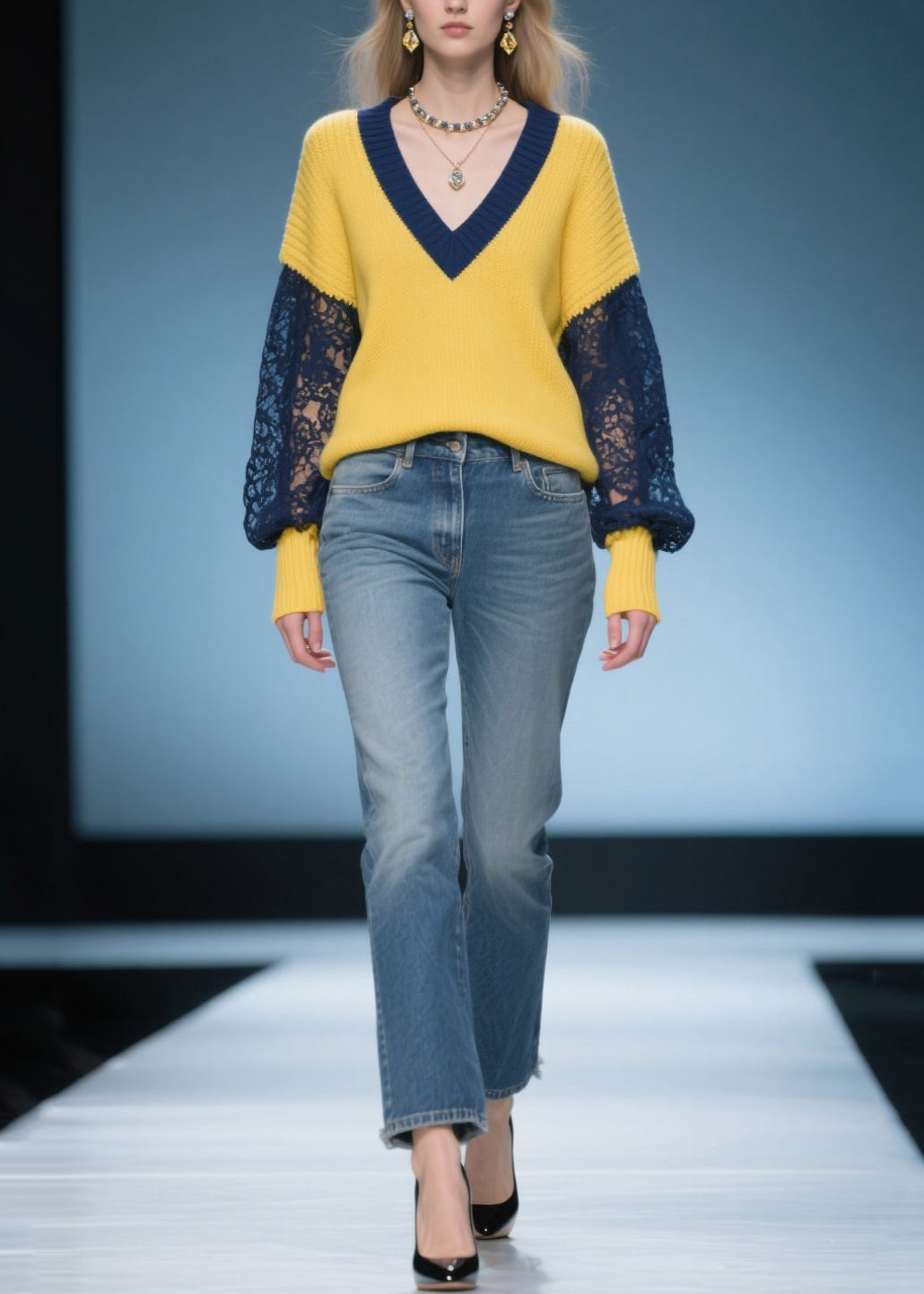 Yellow Oversized Patchwork Lace Sweaters Fall