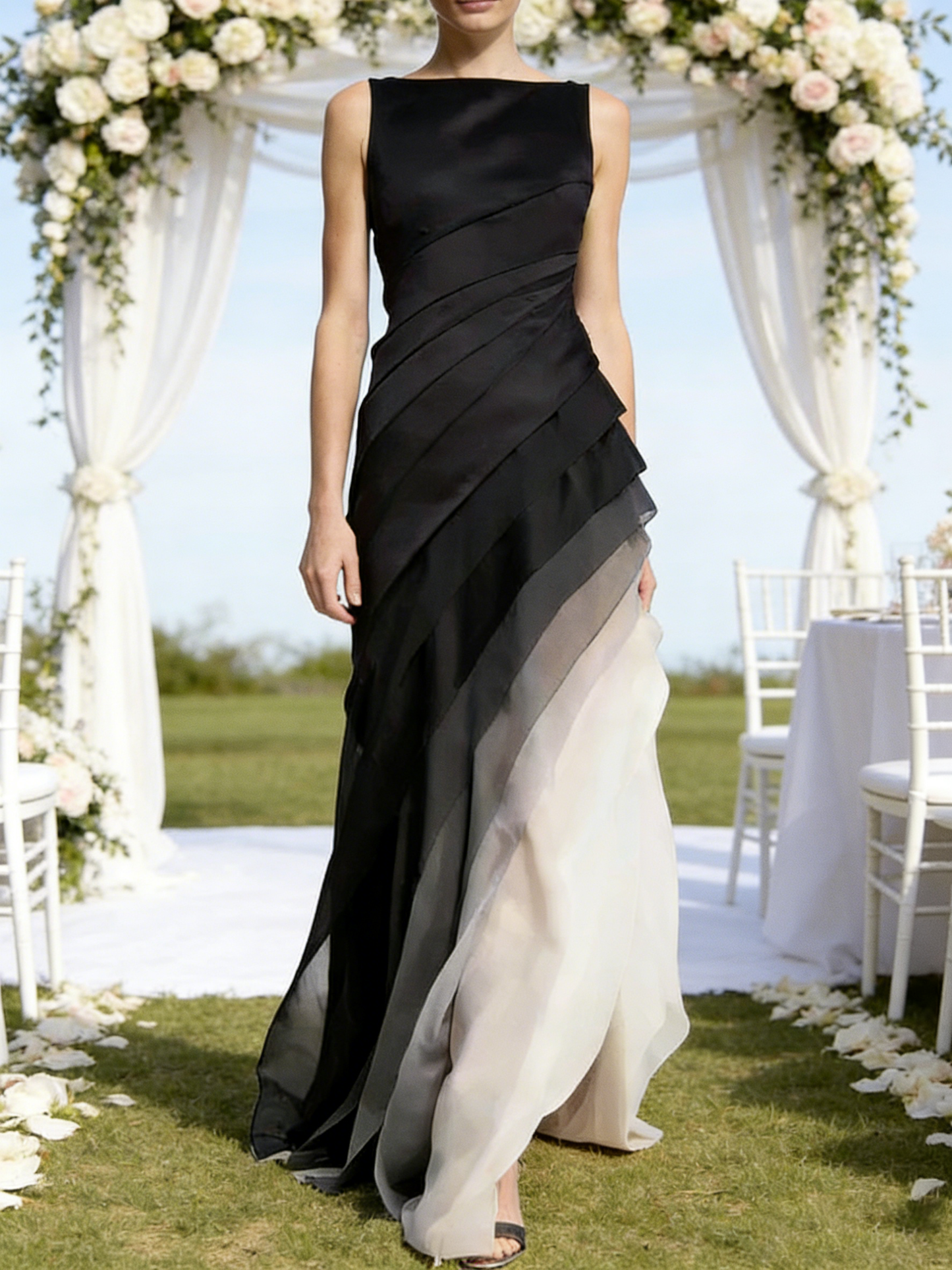 French Black High Waist Patchwork Tulle Maxi Dresses Sleeveless Summer