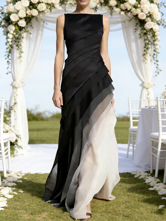 French Black High Waist Patchwork Tulle Maxi Dresses Sleeveless Summer