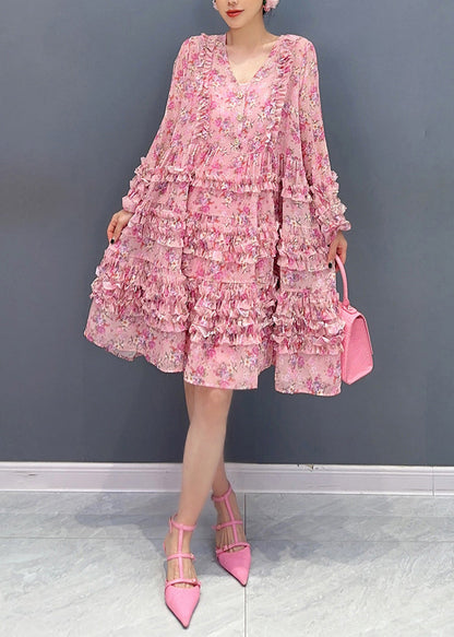 Pink V Neck Ruffled Patchwork Print Chiffon Mid Dress Long Sleeve