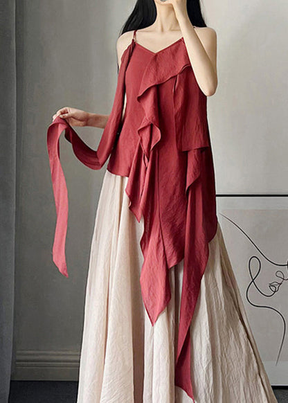 Classy Wine Red Asymmetrical Cotton Spaghetti Strap Tank Sleeveless