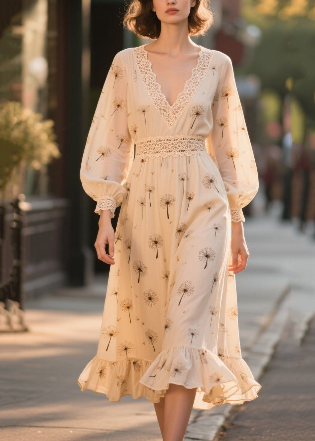 Art Apricot Print Lace Patchwork Chiffon Party Dresses Fall