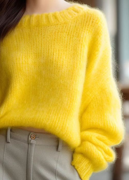 Simple Yellow O Neck Knit Sweater Winter