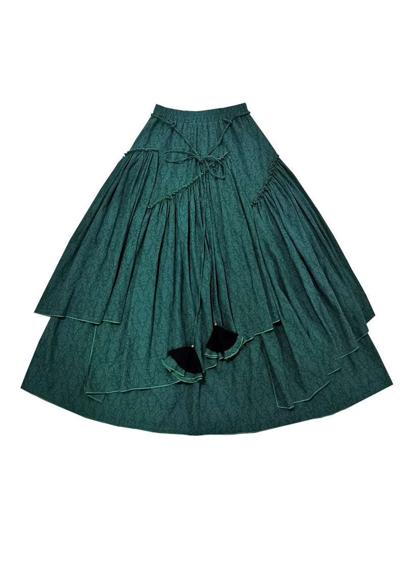 Blackish Green Asymmetrical Jacquard Cotton Skirt Spring