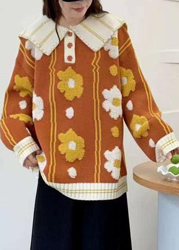 Simple Orange Peter Pan Collar Nail Bead Cotton Knit Sweaters Fall
