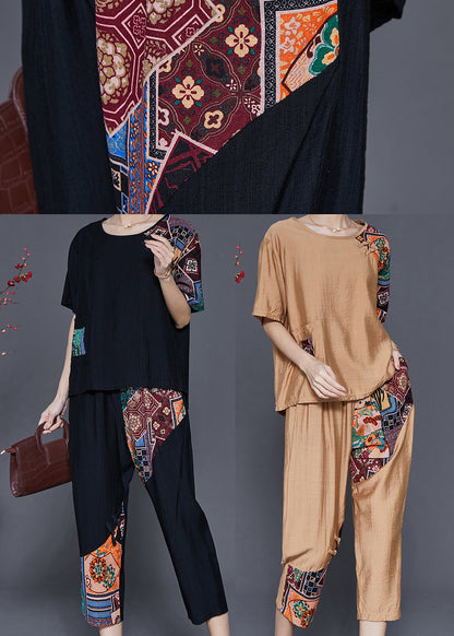 Black Oversized Patchwork Cotton Two Pieces Set Summer