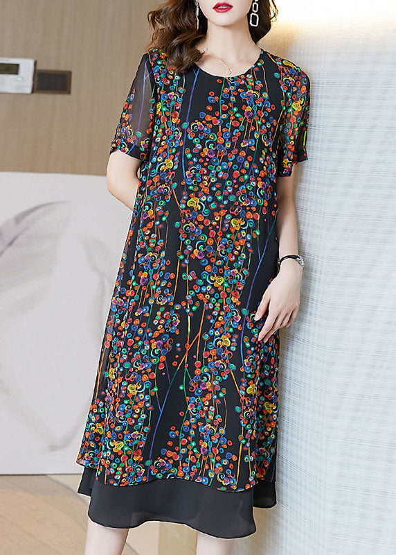 Classy Black O-neck Patchwork Print Chiffon Long Dress Summer