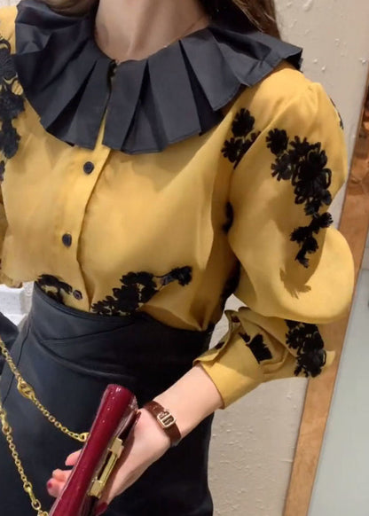 Loose Yellow Button Lace Patchwork Chiffon Shirts Lantern Sleeve