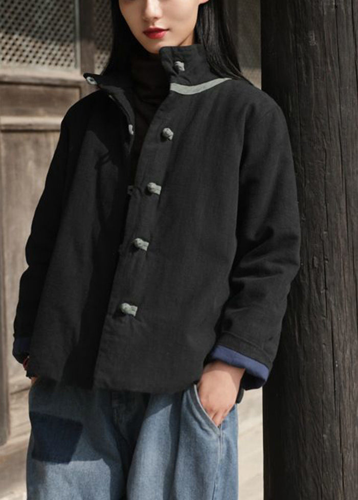 Black Stand Collar Chinese Button Fine Cotton Filled Coat Winter