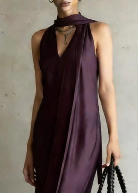 Dull Purple Cold Shoulder With Scarf Chiffon Robe Dresses Summer