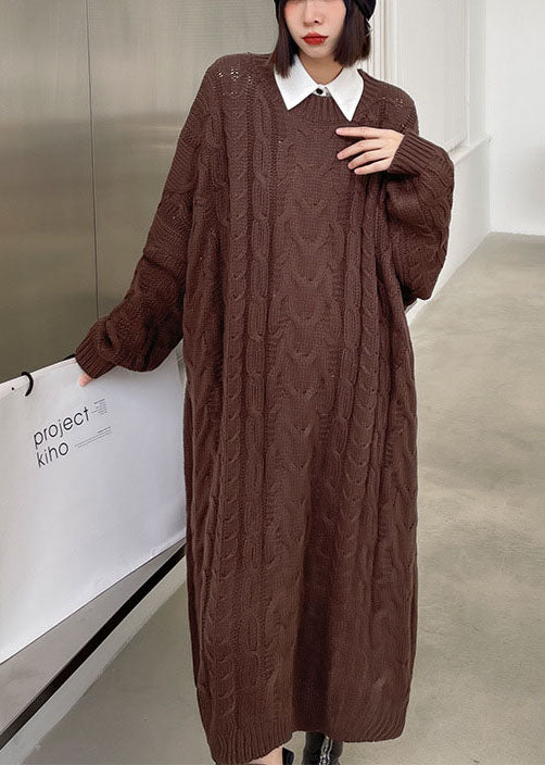 Classy Coffee O-neck Jacquard Fall Sweater Dress