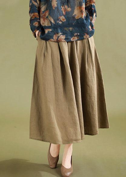 Khaki Pockets High Waist Linen Skirts Summer