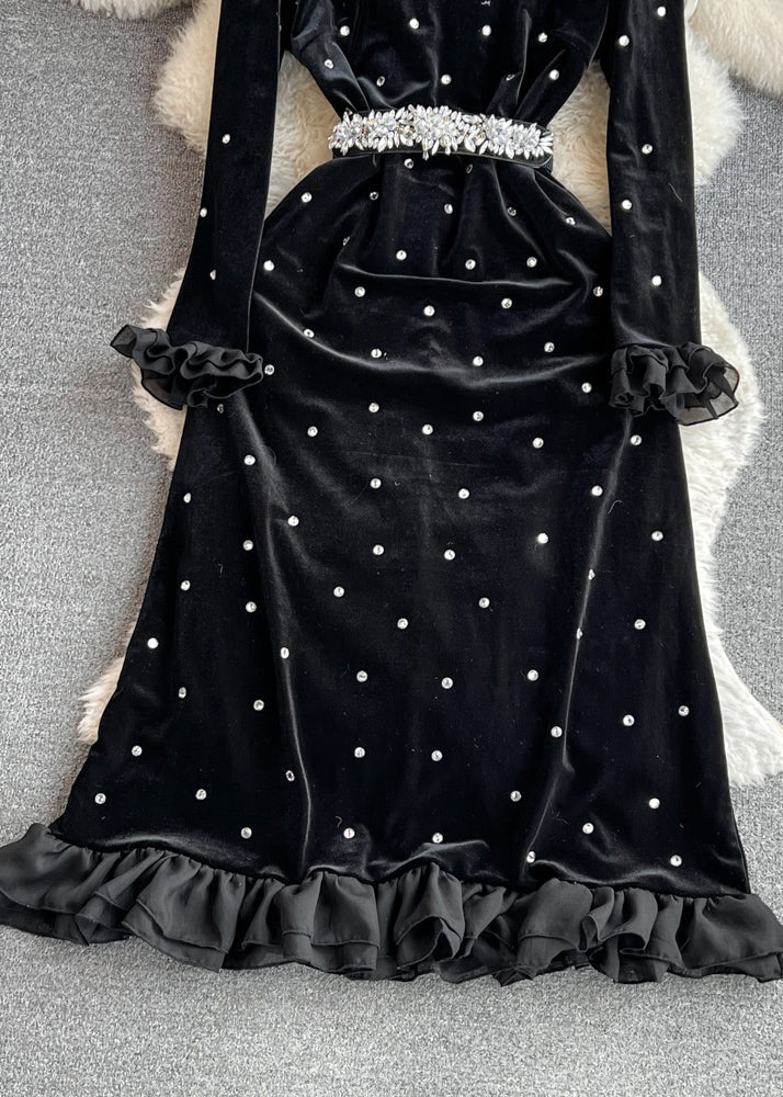 Black Ruffled Stand Collar Patchwork Zircon Flattering Silk Velour Long Dresses Winter