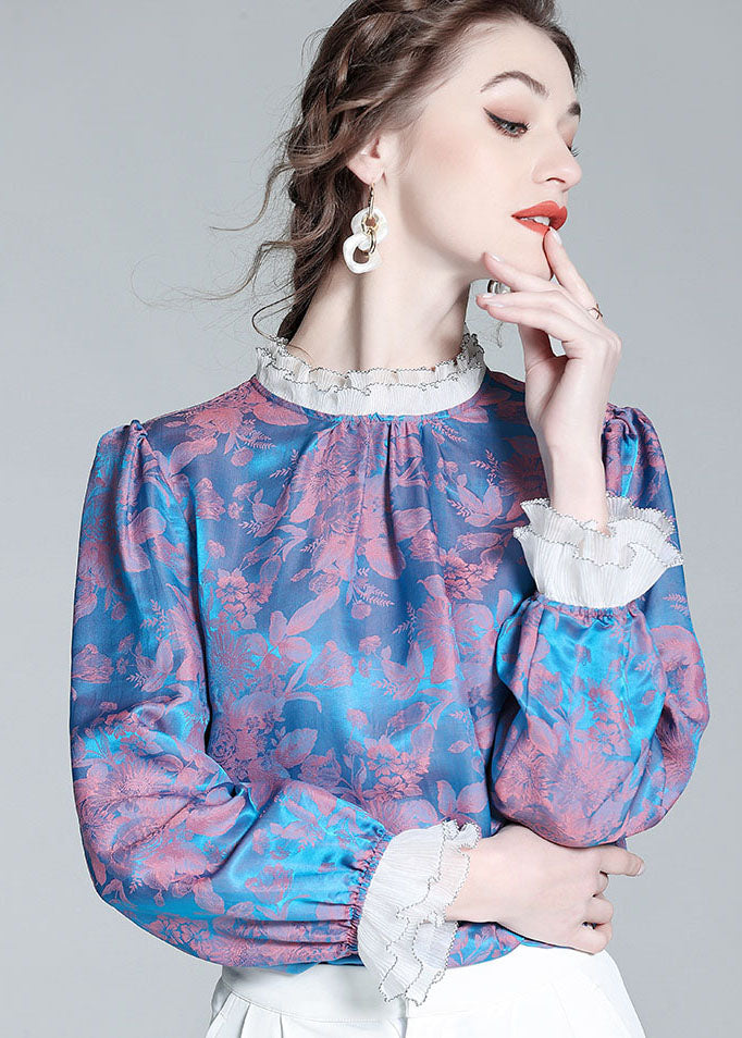 Blue Wrinkled Patchwork Print Silk Top Spring
